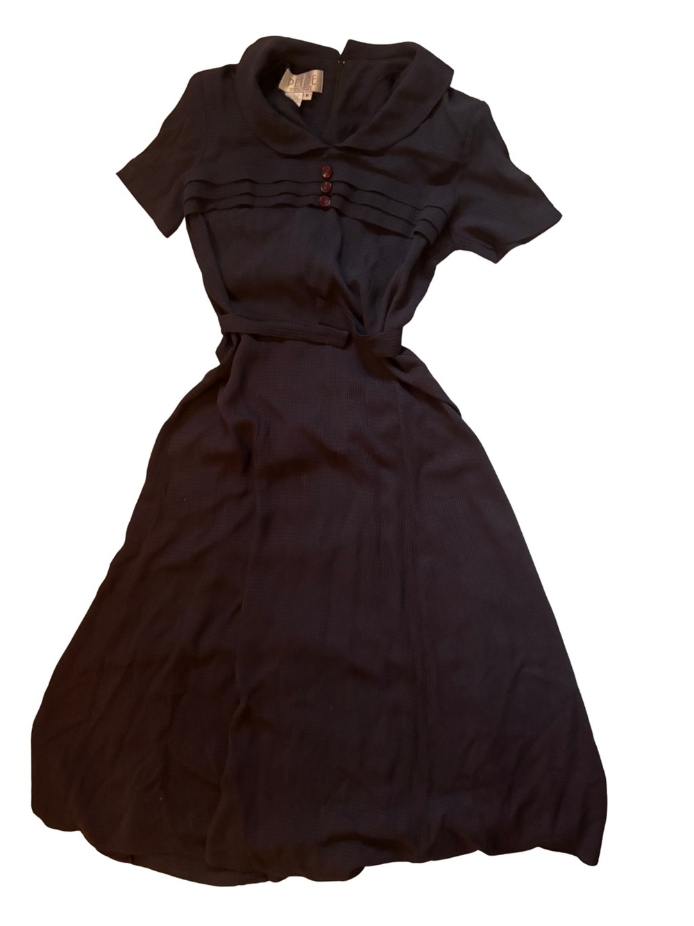 Petite Sophisticate Black Short-Sleeve Midi Dress with Collar and Button Accents